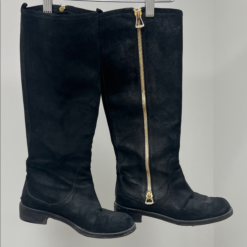 Jimmy Choo Black Suede Boot with Gold Zipper Pull